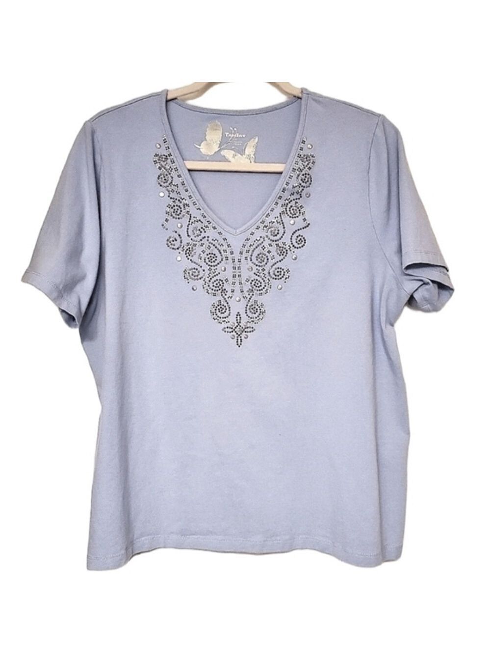 TANJAY V-NECK T-SHIRT BLUE CASUAL EMBELLISHED SHORT SLEEVES STRETCH WOMENS LARGE